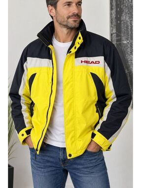 Vintage HEAD Ski Jacket Mens M Yellow Black Colorblock Retro 90s Snowboard